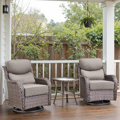 Swivel Patio Chairs Set of 3 with 6" Thick Cushion - Wicker Outdoor Swivel Rocker Patio Chairs with Side Table, High Back Comfortable Outdoor Glider Chairs - Brown Wicker | Grey Cushions