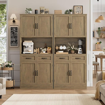 HOSTACK 71“ Tall Kitchen Pantry Storage Cabinet, Modern Kitchen Hutch Bar Cabinet with Microwave Stand, Wood Buffet Sideboard with Hutch, Cupboard with Drawers, Shelves for Dining Room, Rustic Brown