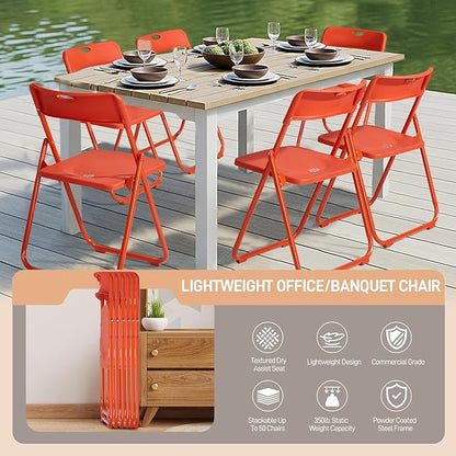 Karl home 6 Pcs Folding Chair, 300LBS Lightweight Foldable Plastic Chair, Reinforced Metal Frame Easy to Fold & Store for Indoor & Outdoor, Wedding, Party, Meeting Room, Patio and Garden, Orange