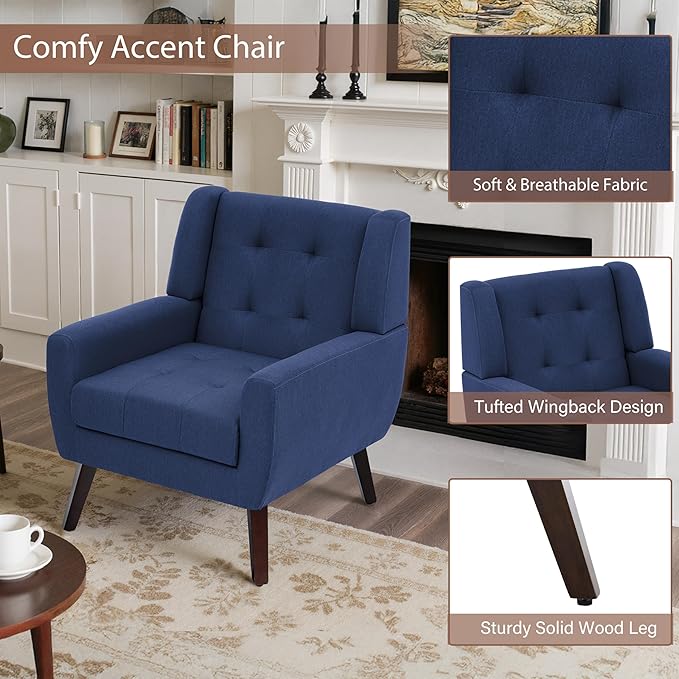 Accent Chair, Mid-Century Modern Upholstered Armchair, Comfy Fabric Living Room Chairs Reading Chairs with Button Tufted Back & Solid Wood Legs for Bedroom, Office, Blue
