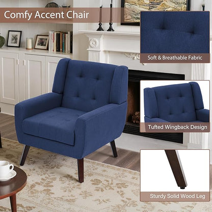 Accent Chair, Mid-Century Modern Upholstered Armchair, Comfy Fabric Living Room Chairs Reading Chairs with Button Tufted Back & Solid Wood Legs for Bedroom, Office, Blue