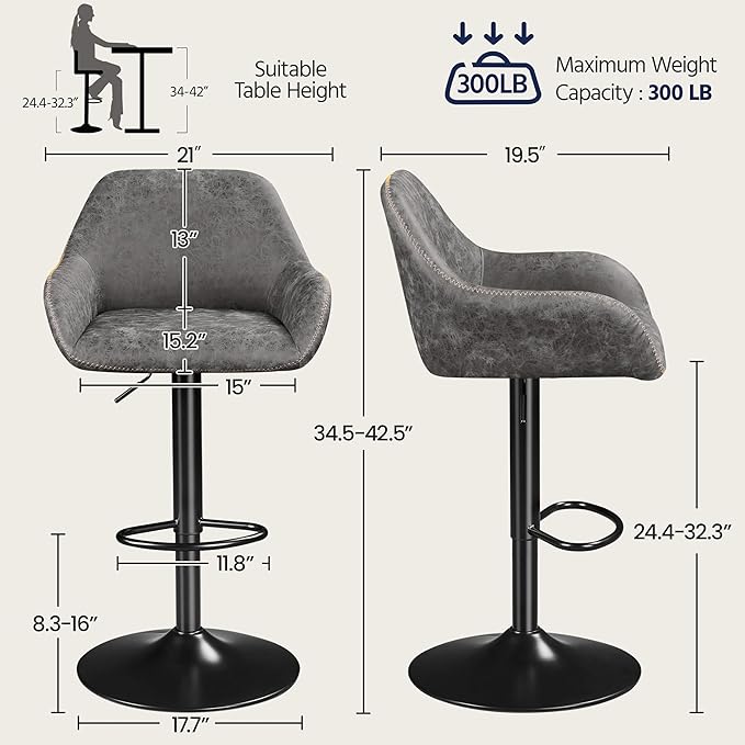 Yaheetech Bar Stools Set of 2, PU Leather Swivel Counter Height Barstools, Adjustable Bar Chairs with Backrest and Footrest, Kitchen Island Stool for Home Kitchen, Grey