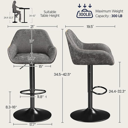 Yaheetech Bar Stools Set of 4, PU Leather Swivel Counter Height Barstools, Adjustable Bar Chairs with Backrest and Footrest, Kitchen Island Stool for Home Kitchen, Grey