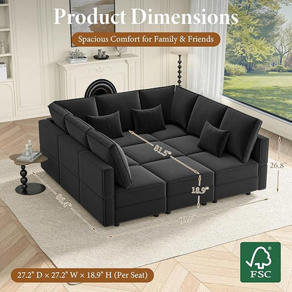 Vesgantti Modular Sofa Bed with Storage, 92" Sleeper Sofas with 9 Seats Storage Chaises Removeble Cover, Luxury Large Velvet Sectional Couch Set for Living Room, Apartment, Home Theatre, Black