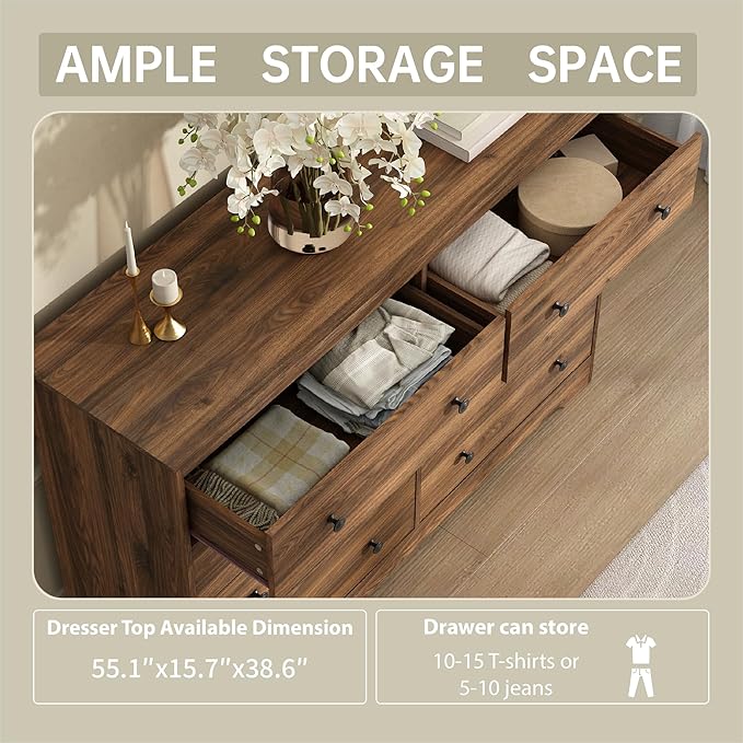 Dresser for Bedroom, 8 Drawer Dresser with Large Drawers, 55 Inch Wide Wood Chest for Living Room, Hallway, Walnut