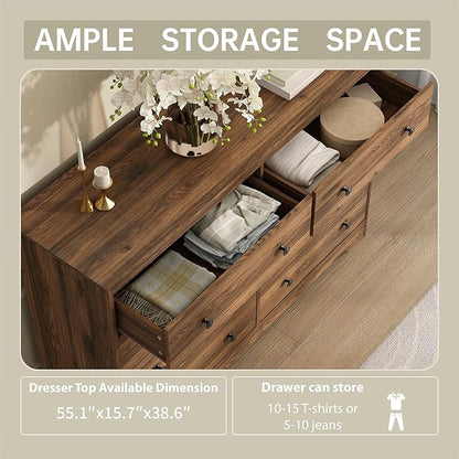 Dresser for Bedroom, 8 Drawer Dresser with Large Drawers, 55 Inch Wide Wood Chest for Living Room, Hallway, Walnut