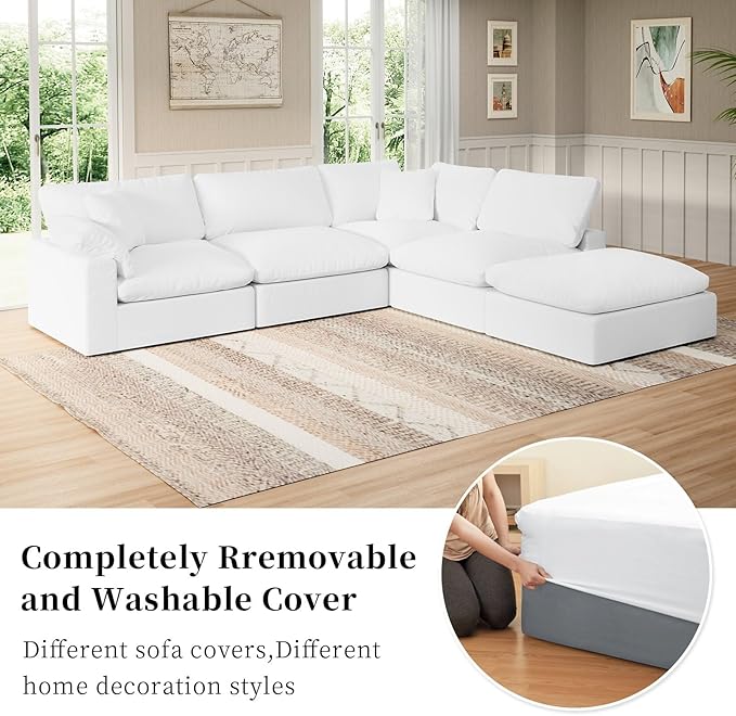 Modular Sectional Sofa Cloud Couch,Down Filled Comfy Cloud Modern Sofa,White Linen Oversized Couch Cushion Covers Removable for Living Room(3 Seater)