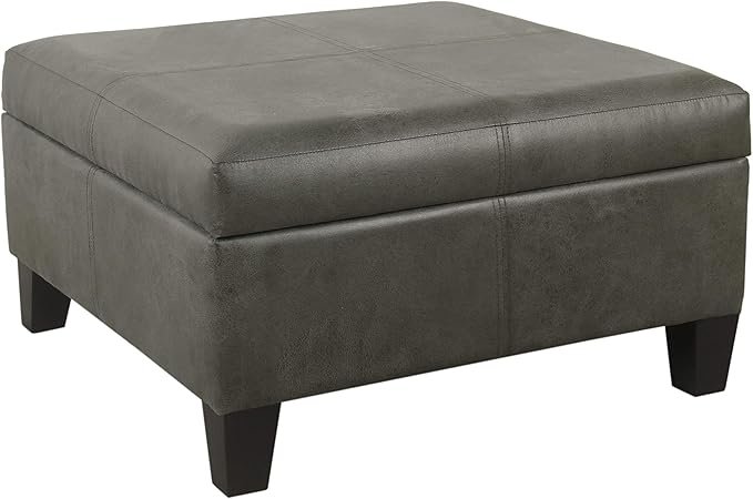 HomePop Faux Leather Square Storage Ottoman with Wood Legs, Pewter Gray