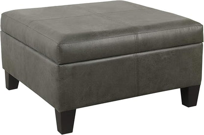 HomePop Faux Leather Square Storage Ottoman with Wood Legs, Pewter Gray