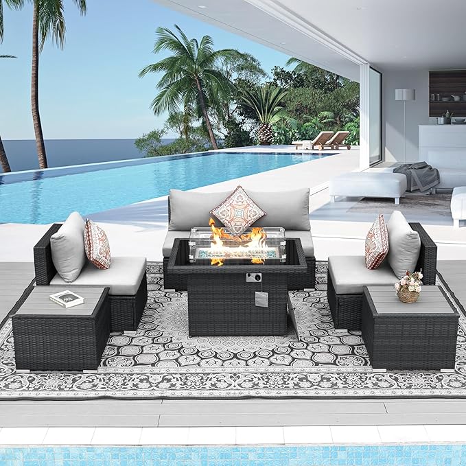 NICESOUL 7 Piece Modern Outdoor Seating Groups with Firepit Natural Gas/Propane, 29.3'' High Back Oversized Rattan Patio Conversation Sofas Set, Deep Seated Wide Sectional Couches for Outside, Gray