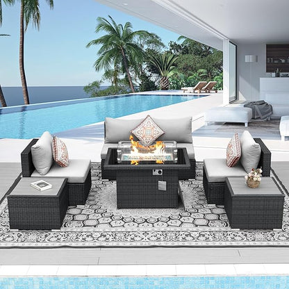 NICESOUL 7 Piece Modern Outdoor Seating Groups with Firepit Natural Gas/Propane, 29.3'' High Back Oversized Rattan Patio Conversation Sofas Set, Deep Seated Wide Sectional Couches for Outside, Gray