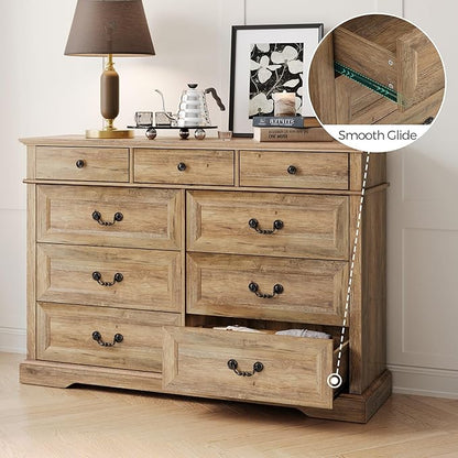 LINSY HOME 9 Drawers Dresser for Bedroom, Wide Wood Chest of Drawers with Metal Handle, Farmhouse Tall Drawer Organizer for Bedroom, Closet, Living Room, Hallway and Entryway, Rustic Oak