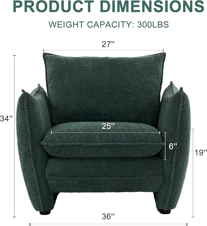 Oversized Armchair, Modern Accent Chair Upholstered in Soft Cloud Fabric with Plush Cushions – Comfy Lounge Chair for Reading Nook, Living Room, and Bedroom (Green, Set of 1)