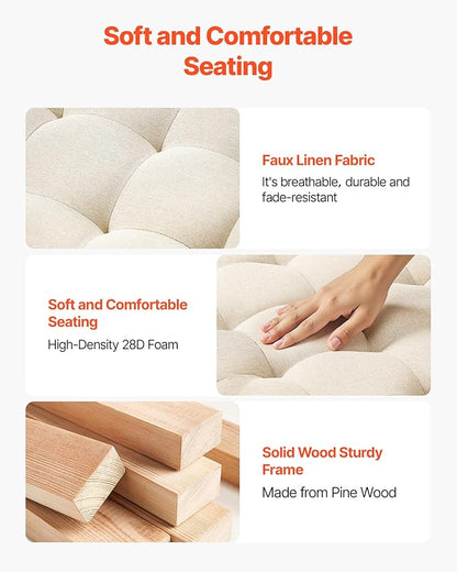 VEVOR Large Round Ottoman Coffee Table, 31.9 Inch Tufted Coffee Table with Solid Wood Shelf Storage, Linen Solid Upholstered Footrest Ottoman for Bedroom Living Room, 350 LBS, Linen Color