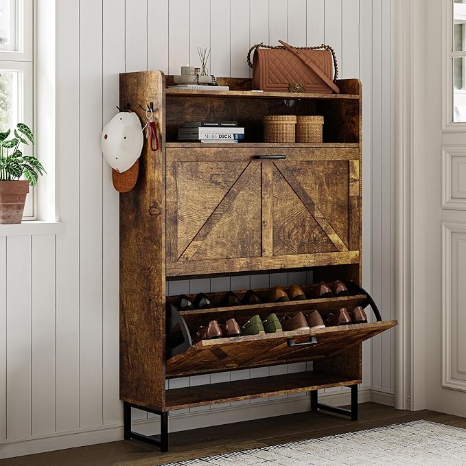Shoe Storage Cabinet with 2 Flip Drawers, Narrow Wood Shoe Cabinet Storage for Entryway with Metal Legs & Hooks, Adjustable Shelves, Freestanding Shoe Rack Organizer for Foyer, Hallway, Brown
