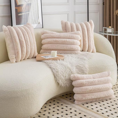 Neelvin Beige Faux Fur Cozy Soft Striped Decorative Throw Pillow Covers 12x20 inch Set of 2,Velvet Pillowcase Cushion Case for Sofa Couch