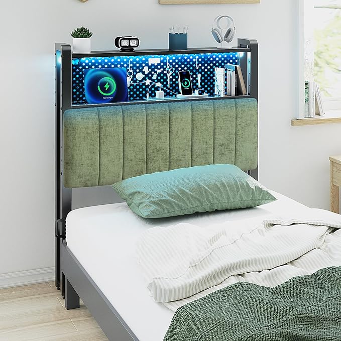 VINGLI Twin or Twin XL Size Headboard, Adjustable Upholstered Headboard with 2 Tier Shelves and Pegboard with Charging Stations and LED Lights, Modern Bed Headboard with Storage for Bedroom Decor