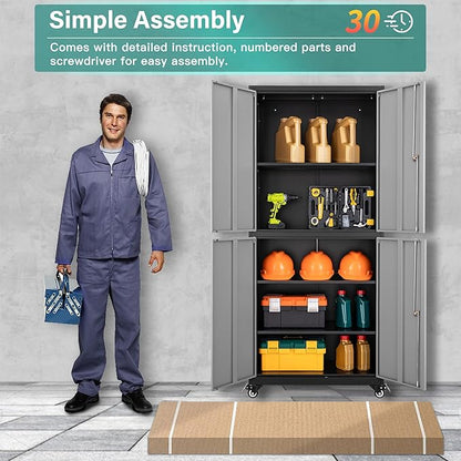 SISESOL Metal Storage Cabinet with Wheels,Rolling Garage Storage Cabinet with Lock,Gray Lockable Metal Cabinets with Shelves,Tall Tool Cabinets on Wheels for Garage,Home,Office,Shop