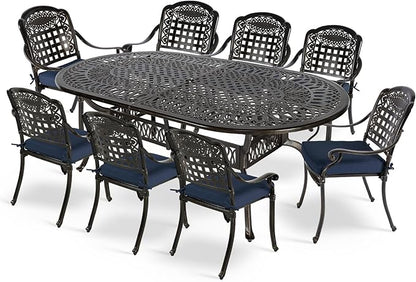 MEETWARM 9-Piece Outdoor Furniture Dining Set, All Weather Cast Aluminum Patio Garden Set with 8 Chairs, 8 Cushions, 1 Oval Table, 2" Umbrella Hole, Dark Bronze, Navy Blue
