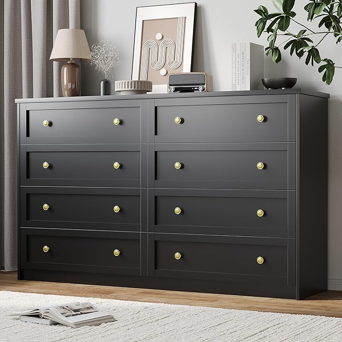 CHUWELL 8 Drawer Dresser for Bedroom, 55.1" Wide Black Dressers & Large Chests of Drawers with Large Capacity Storage,Dresser for Bedroom