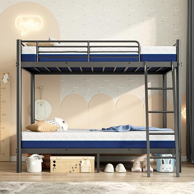 SDHYL Twin Over Twin Bunk Bed with Two Mattresses, All-in-One Metal Bunk Bed Set for Adults, Heavy Duty Sturdy Frame, 6 Inch Twin Memory Foam Mattresses Included, Idea for Dorms & Small Rooms