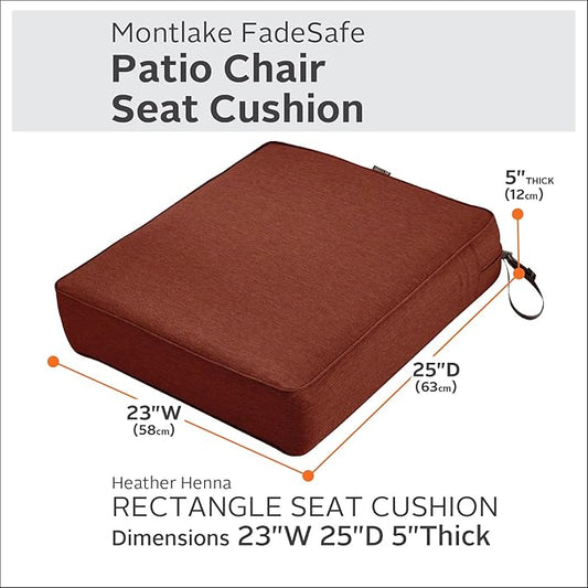 Classic Accessories Montlake Water-Resistant 23 x 25 x 5 Inch Rectangle Outdoor Seat Cushion, Patio Furniture Chair Cushion, Heather Henna Red, Patio Furniture Cushion Covers