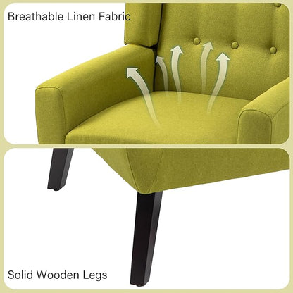 Accent Chair, Mid-Century Modern Fabric Chairs with Arms for Living Room, Comfy Upholstered Club Single Sofa Armchair for Bedroom Waiting Room with Solid Wood Frame (Fabric Green, Set of 2)