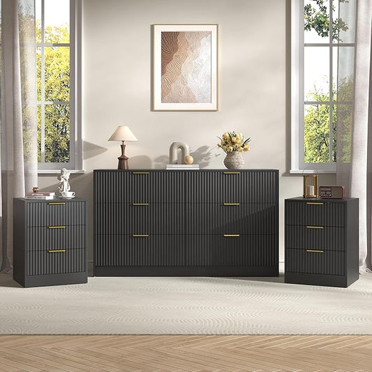 3-Piece Modern Bedroom Furniture Set, Wide 6-Drawer Dresser & 3-Drawer Nightstands Set of 2, Natural Wood Dresser and Nightstand Sets for Bedroom, Hallway, Black