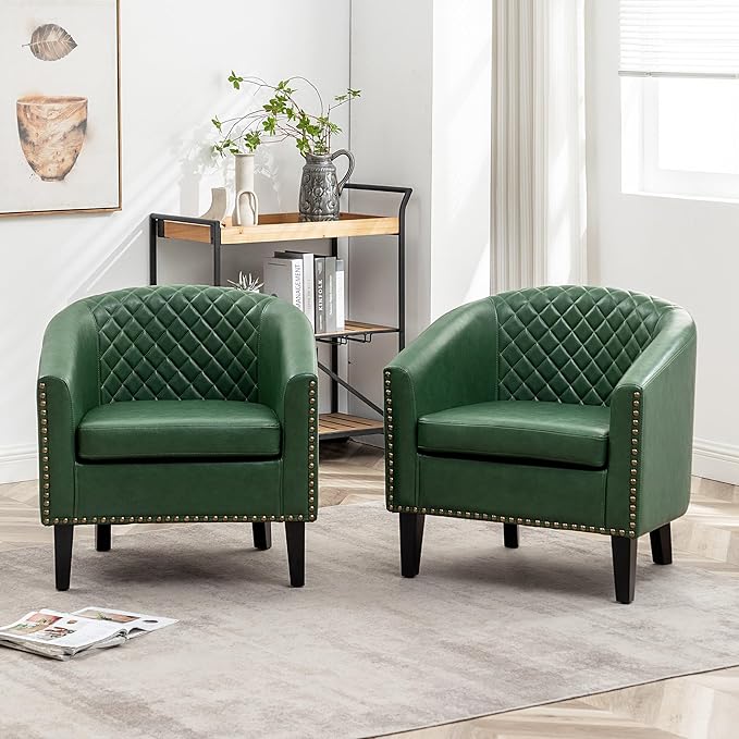 KINWELL 29" W Faux Leather Barrel Chairs Set of 2, Modern PU Upholstered Tufted Club Chairs with Nailhead Trim, Small Armchairs Accent Chairs for Living Room Bedroom Apartment Lounge Nursery, Green