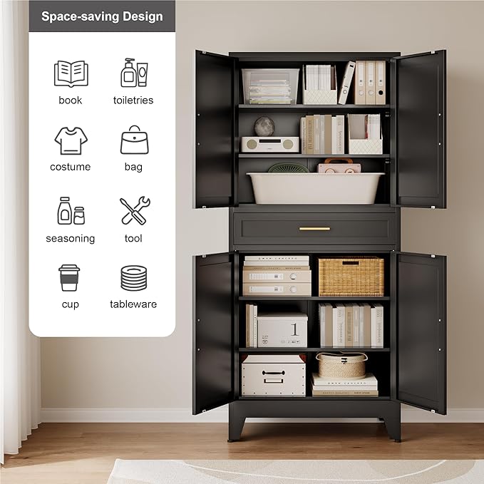 Large Metal Kitchen Pantry Cabinet with Adjustable Shelves - Freestanding Kitchen Storage Cabinet for Dining Room,Livingroom Bathroom, Hallway, Workshop, Office (Black, 71"-1 Drawer)
