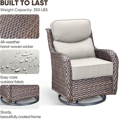 Swivel Patio Chairs sofa Set of 5 with 6" Thick Cushion - Wicker Outdoor Swivel Rocker Patio Chair with Side Table, High Back Comfortable Outdoor Glider Chairs - Brown Wicker | Beige Cushions