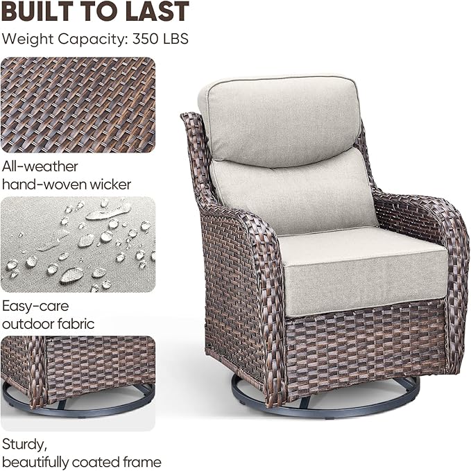 Swivel Patio Chairs sofa Set with 6" Thick Cushion - Wicker Outdoor Swivel Rocker Patio Chair with Side Table, High Back Comfortable Outdoor Glider Chairs - Brown Wicker | Beige Cushions | 4pcs