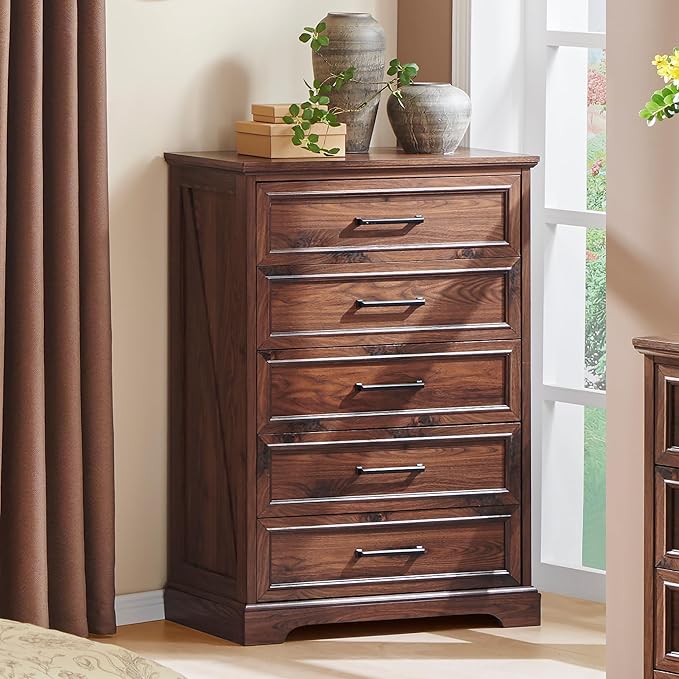 ACCOHOHO Farmhouse 5 Drawers Dresser Chests for Bedroom,46" Tall Wood Rustic Chest of Drawers with Wide Metal Handle,Natural Texture,Drawer Organizer for Bedroom,Living Room,Hallway and Entryway,Brown