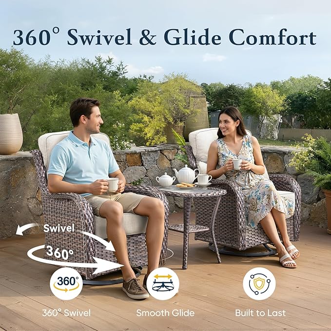 Belord Luxury 6" Thick Cushioned 10 Pieces Patio Furniture Set with Fire Pit Table, Wicker Outdoor Conversation Set with High Back Swivel Rocker Chairs for Deck Porch Yard and Poolside - Brown+Beige