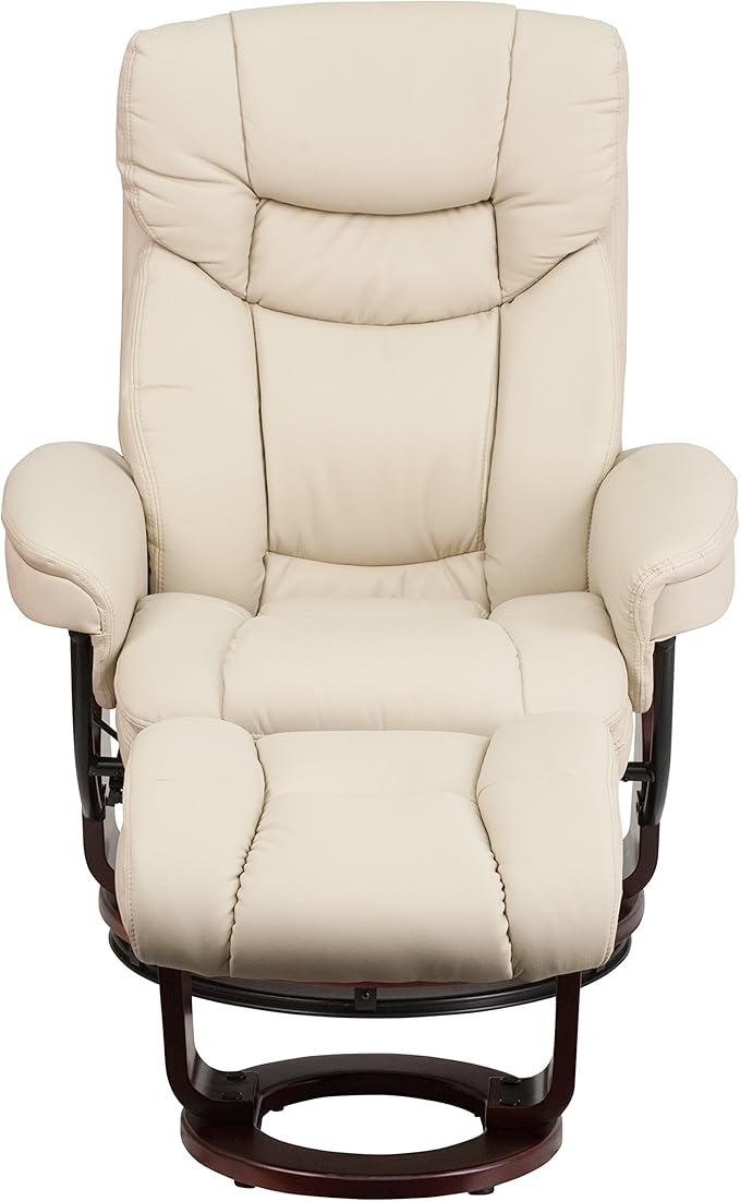 Flash Furniture Allie LeatherSoft Upholstered Recliner with Ottoman Footrest, Padded Swiveling Recliner Chair and Ottoman Set, Beige