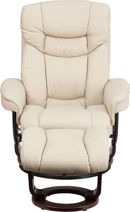 Flash Furniture Allie LeatherSoft Upholstered Recliner with Ottoman Footrest, Padded Swiveling Recliner Chair and Ottoman Set, Beige
