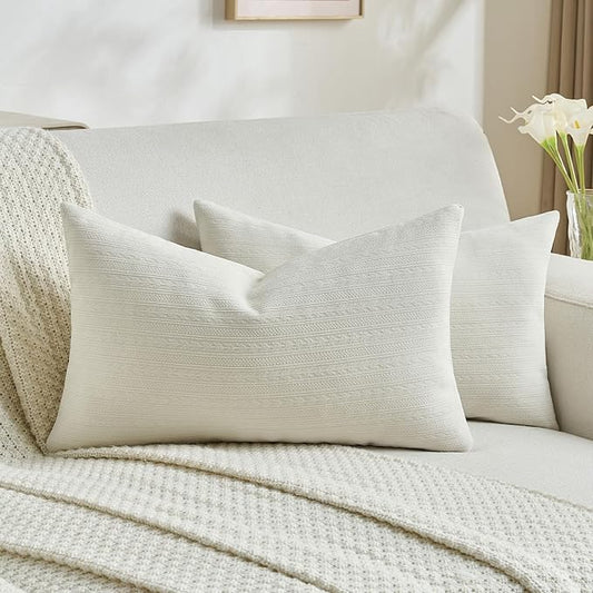 FUTEI Cream Decorative Throw Pillow Covers 12x20 Inch Set of 2,Soft Cozy Wheat Ear Striped Patterns Lumbar Pillow Cases,Modern Home Decor for Couch Bed Living Room