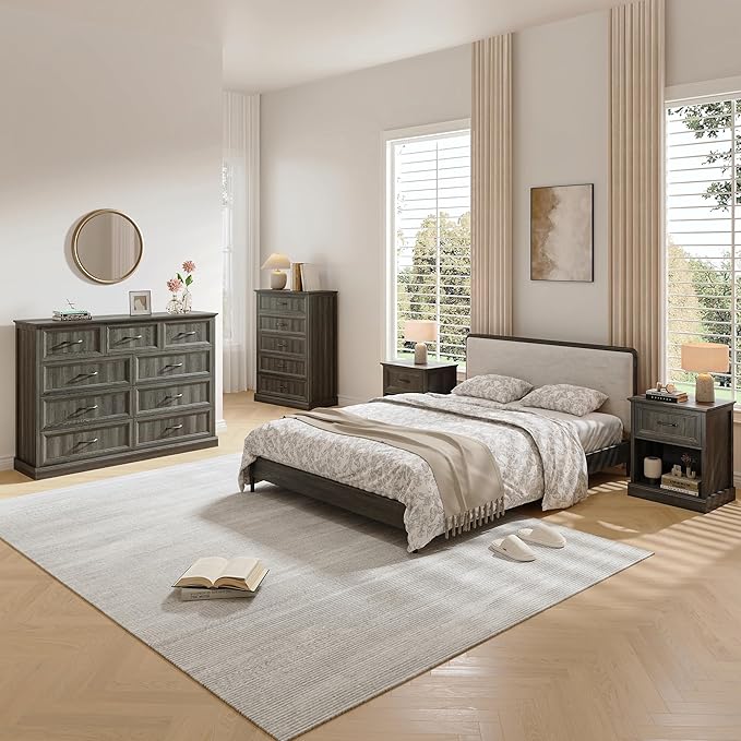 Farmhouse Dresser and Nightstand Sets, 4Pcs Bedroom Furniture Set, Nightstand Set of 2 & 55" Wide 9 Drawer and 44" Tall 5 Drawer Dresser with Large Drawers & Bar Handles, Grey