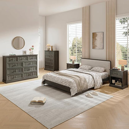 Farmhouse Dresser and Nightstand Sets, 4Pcs Bedroom Furniture Set, Nightstand Set of 2 & 55" Wide 9 Drawer and 44" Tall 5 Drawer Dresser with Large Drawers & Bar Handles, Grey