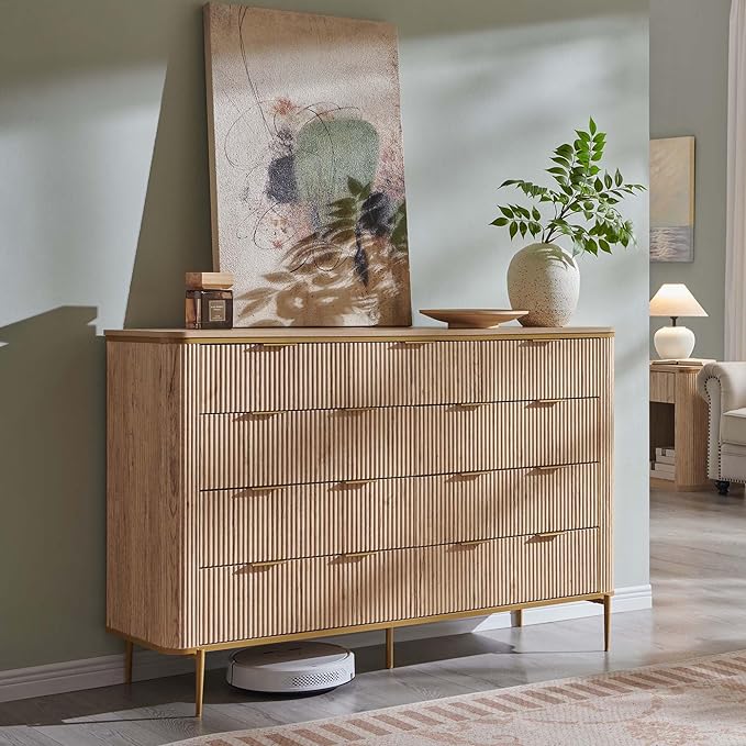 T4TREAM Fluted 9 Drawers Dresser, Modern Wooden Top Chest of Drawers with Curved Profile Design, Dresser TV Stand Drawer Organizers for Bedroom, Living Room, Hallway(Natural Oak)