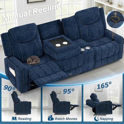 Recliner Sofa, 2 - Way Multi - Function Manual 3 Seater Couch with Cup Holders, Storage & USB Ports, Modern Multifunctional Sofa, Cloud-Like Blue Fabric Reclining Couch for Living Room