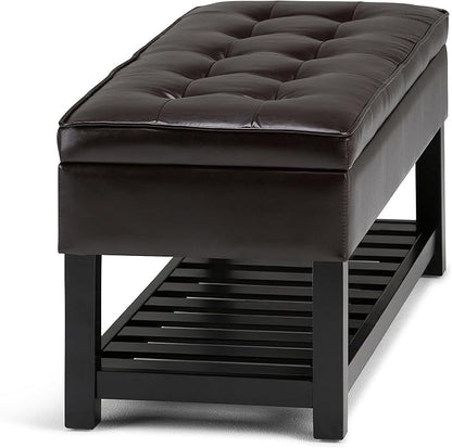 SIMPLIHOME Cosmopolitan 44 inch Wide Transitional Rectangle Storage Ottoman Bench with Open Bottom in Tanners Brown Vegan Faux Leather, Assembled for the Living Room and Bedroom