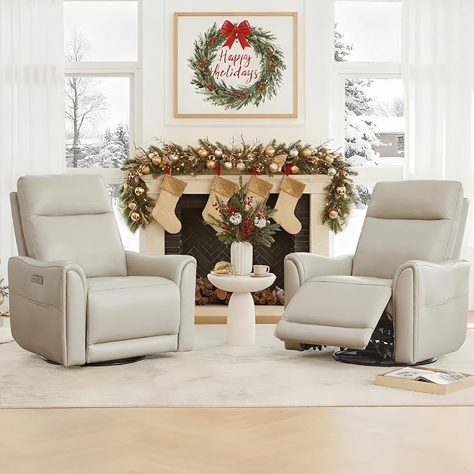 Watson & Whitely Genuine Leather Power Recliner Chairs for Adults, Swivel Glider Recliner Chair for Living Room with Charging Ports, Light Grey