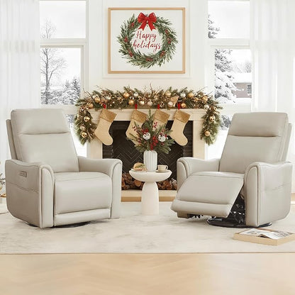 Watson & Whitely Genuine Leather Power Recliner Chairs for Adults, Swivel Glider Recliner Chair for Living Room with Charging Ports, Light Grey