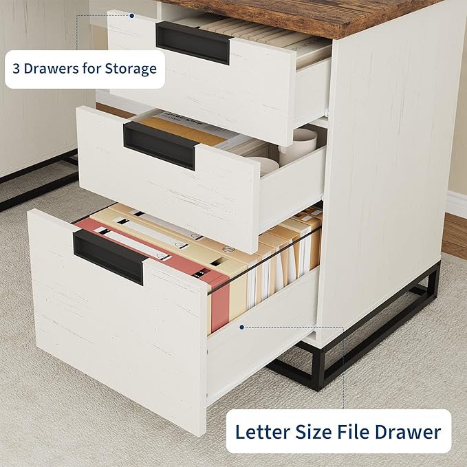 GAOMON Farmhouse Executive Desk, 59 Inch Computer Desk, White Home Office Desks with File Drawer and Storage Cabinet, Wood Writing Desks for Bedroom, Home Office, White+Vintage