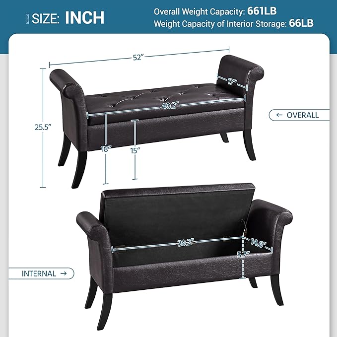 Yaheetech Ottoman with Storage, 52" PU Leather Storage Ottoman Bench with Safety Hinge, Upholstered Bench with Seating for Bedroom, Living Room, Holds up to 661 lb, Dark Brown