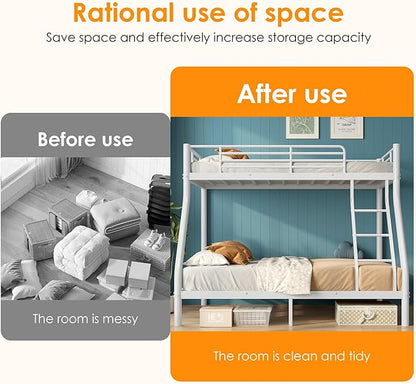 Bunk Beds Twin Over Full Size, Heavy Duty Metal Bunk Bed Frame with Angled Ladder for Teens and Adults, for Spaces-Saving, Smooth Rounded Edges, Noise Free & Easy Assembly, White