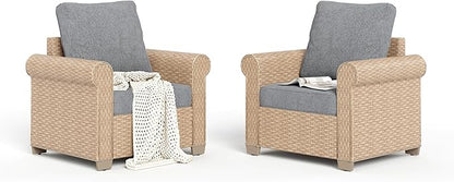 Patio Furniture Set 2 pcs, Wicker Rattan Outdoor Sofa Furniture with 5.5” Thick Cushions, 2 Chairs Outdoor Conversation Set for Garden Backyard Deck, Grey