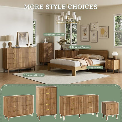 LYNSOM Fluted 8 Drawer Dresser for Bedroom, 55" Wide Modern Chest of Drawers with Curved Profile Design and Metal Handles, Wood Dresser TV Stand & Storage Organizer for Bedroom, Hallway, Walnut