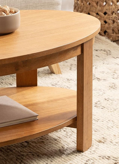 Kate and Laurel Foxford Modern Tiered Oval Coffee Table; 38 x 24 x 18; Natural Brown; Transitional Two-Tier Living Room Table with Storage and Resilient Wood Construction